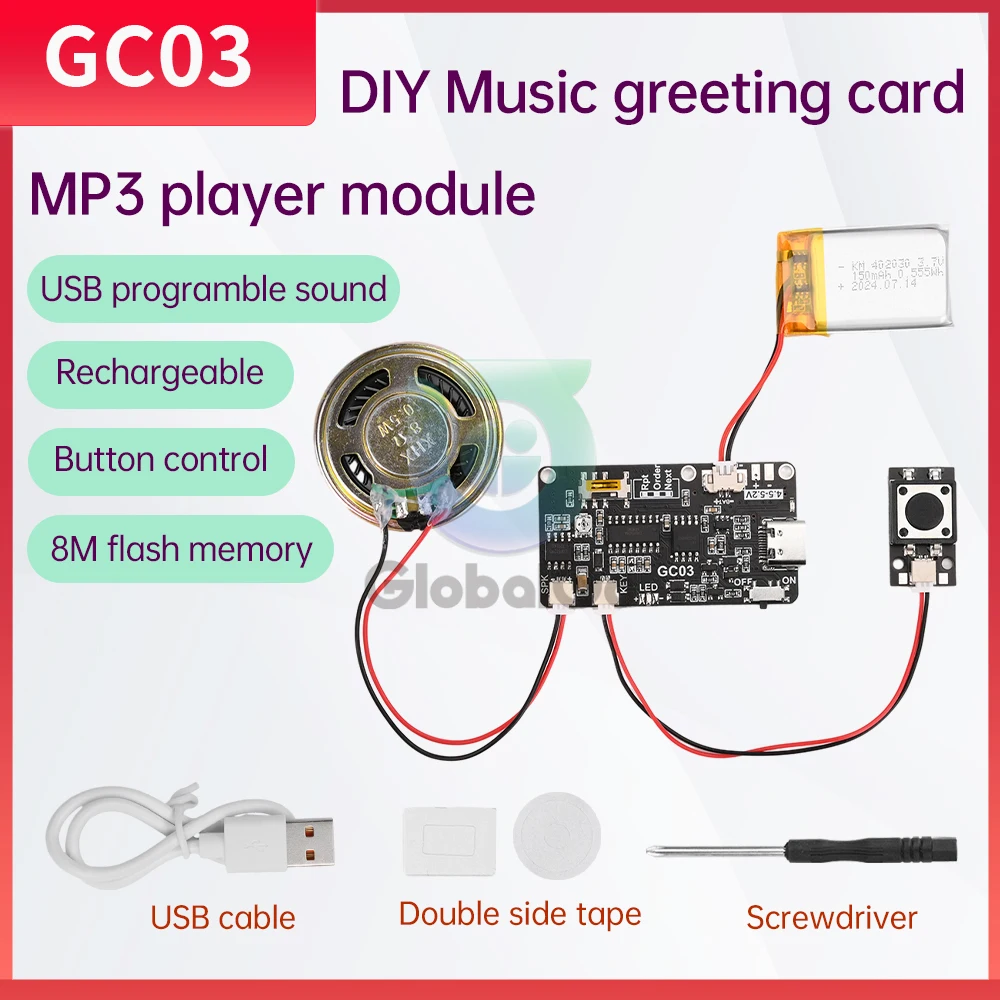 

Recordable Sound Module 8M MP3 WAV Button Control Music Voice Player Programmable Board with Speaker for DIY Greeting Card Gift