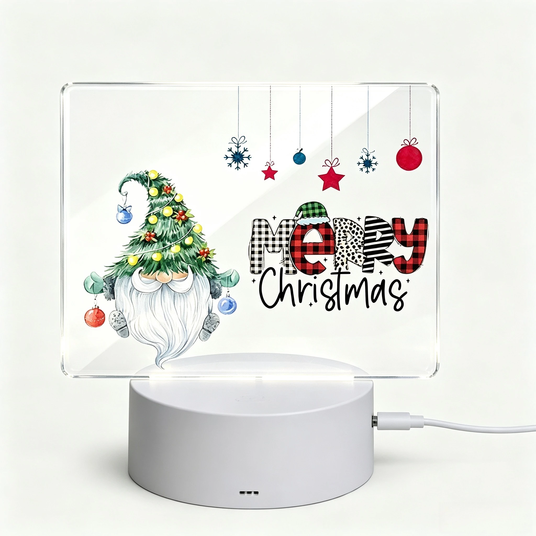 Rectangular LED Acrylic Night Light, Merry Christmas Desktop Ornament, Christmas Gnome Buffalo Plaid Hanging Baubles Table Decor, USB Powered Xmas Home Holiday Gift