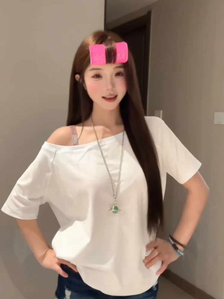 تي شيرت نسائي صيفي أبيض من القطن الخالص بأكمام قصيرة وتصميم أنيق مريح وفضفاض