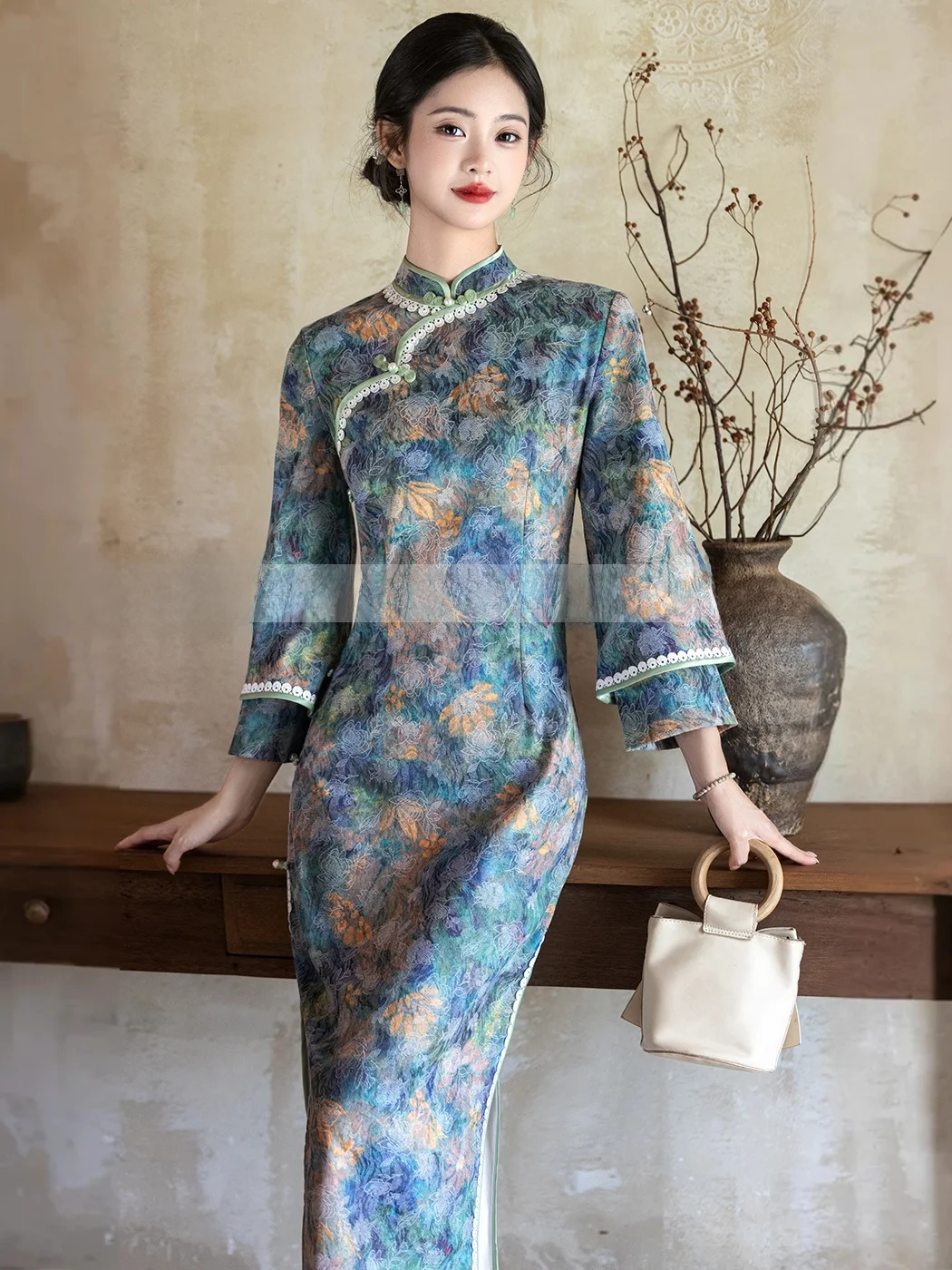 

Young Sle Long Sve Flag Dr Ele Improved New Chinese Sle Beautiful Winter Faionable Breathable Floral Pattern
