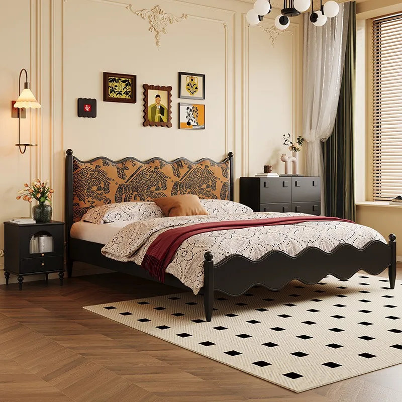 Retro French Style Solid Wood Bed 180 cm for Master Bedroom Upholstered Ash Wood Double Bed Mid Century Ripple Design Wedding