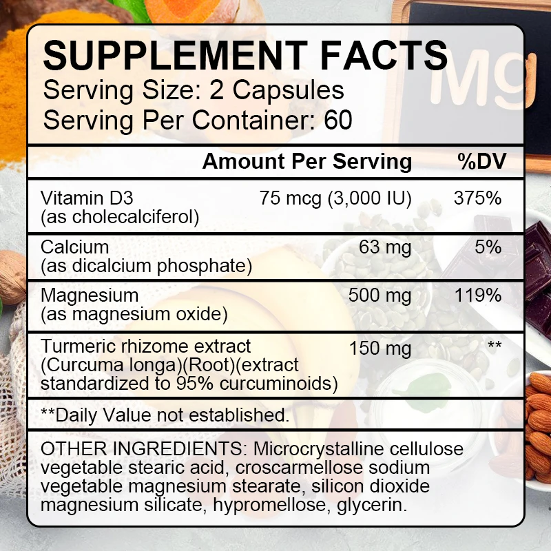 Magnesium & Vitamin D3 Capsule with Turmeric Healthy Heart and Nervous System, Strengthens Bones &Muscles, Improved Joint Health