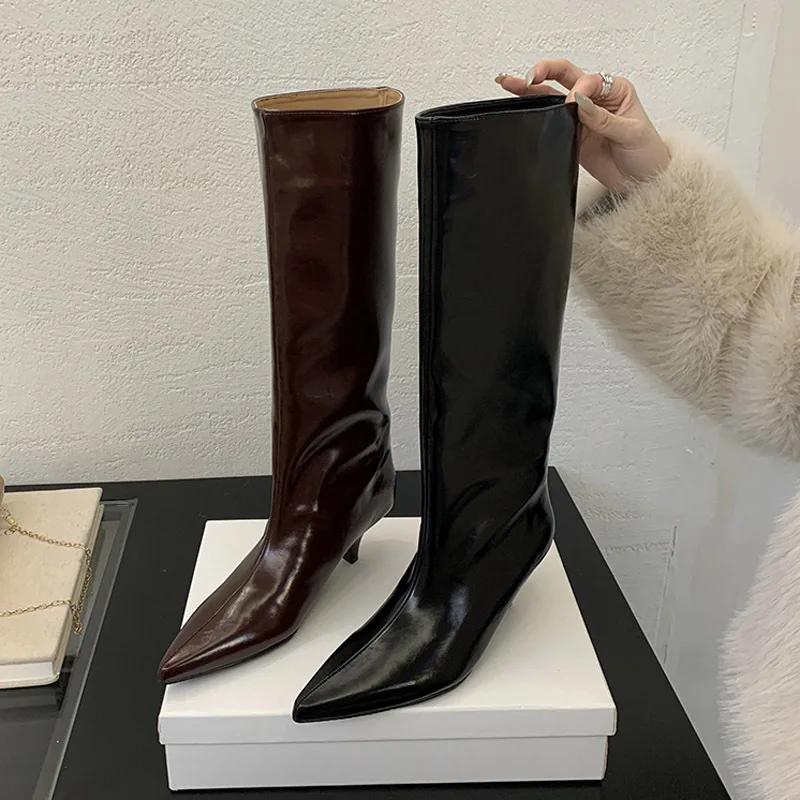 

Slope heel wide leg knight boots for women in autumn and winter, simple temperament with fleece high leg women's boots, knee hig