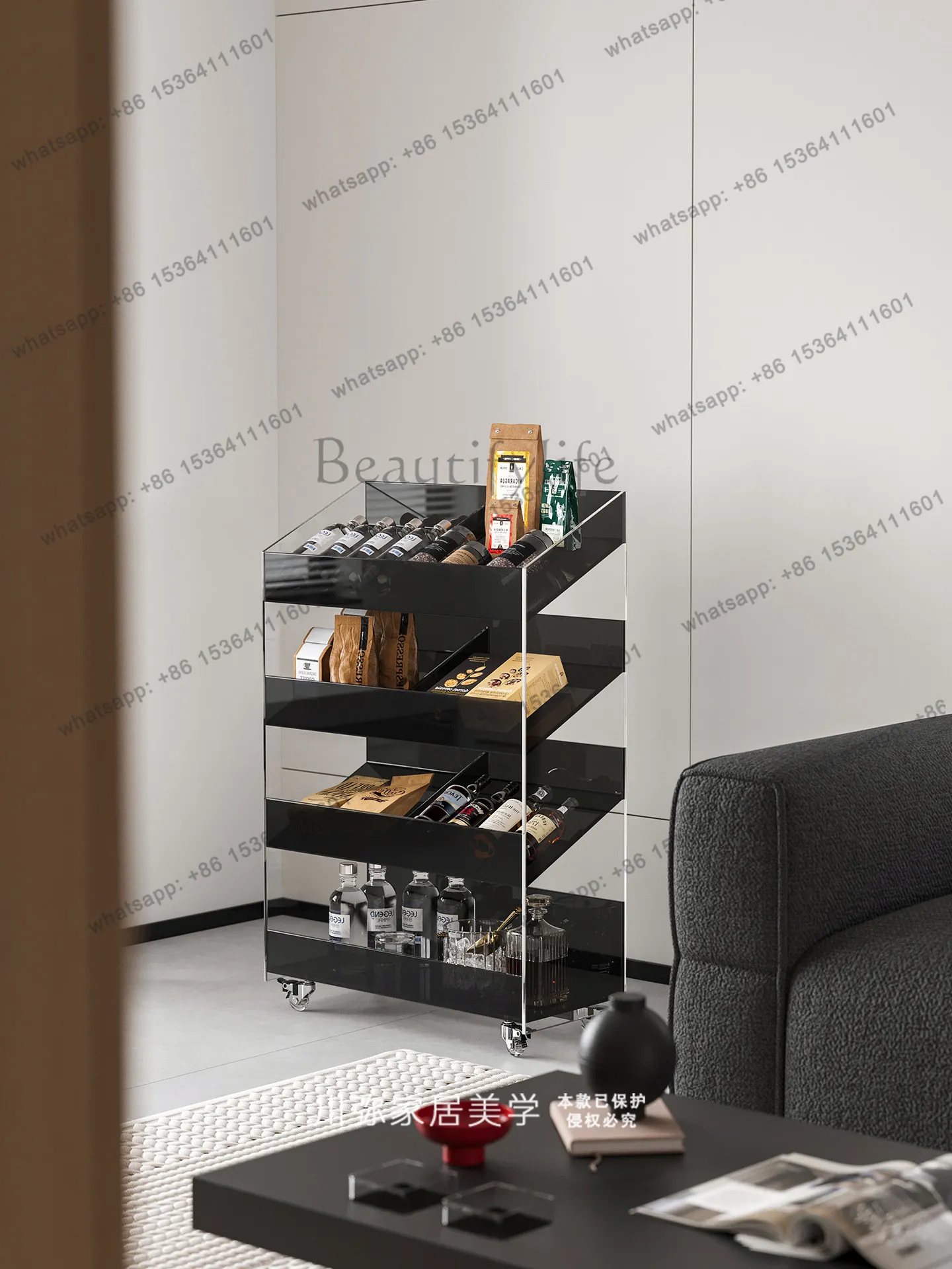 Acrylic snack rack floor-to-ceiling multi-layer living room storage movable trolley
