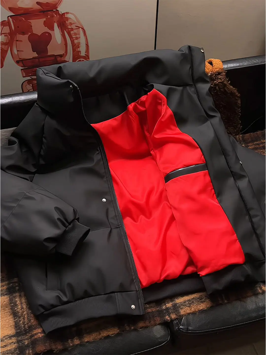 

Bla Red Inner PU Leather Stand Collar Thiened Cotton Jaet Men's Winter Design ort Bread Sle Casual Warm Zipper Coat