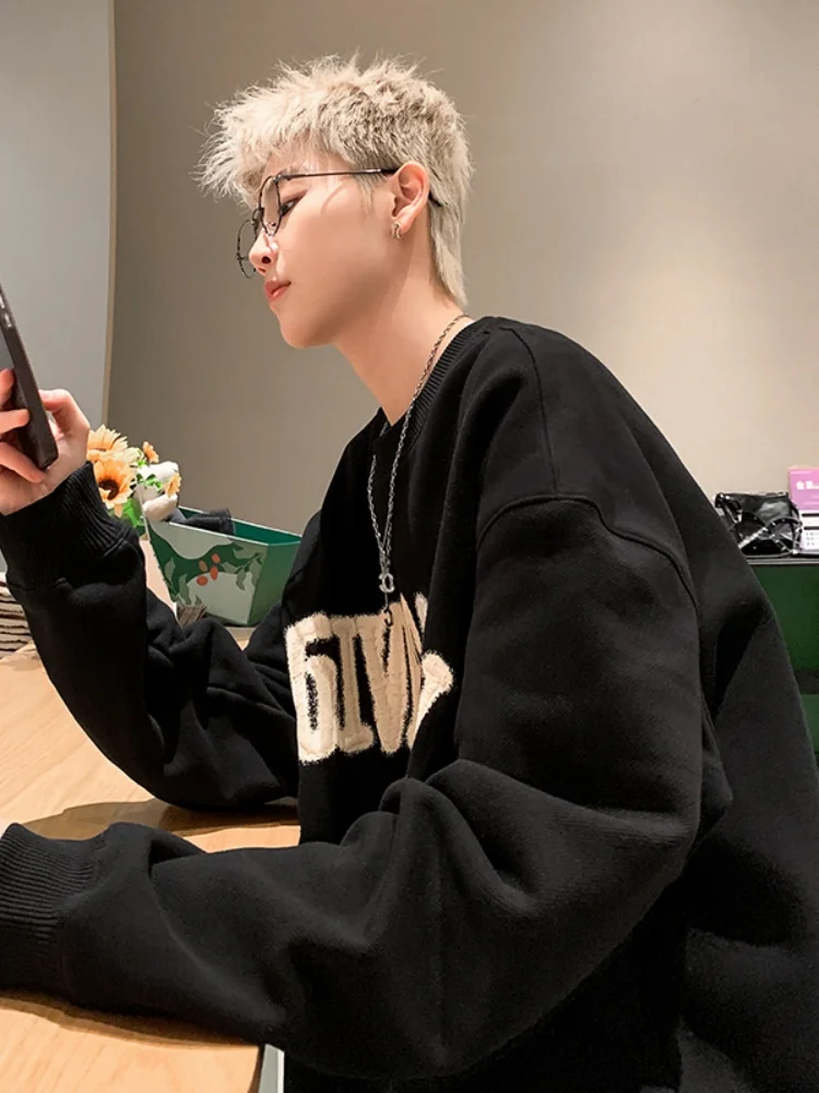 

Мужская толстовка свободного кроя с круглым вырезом, весна-осень, новая модель, с вышивкой букв, повседневная одежда для подростков