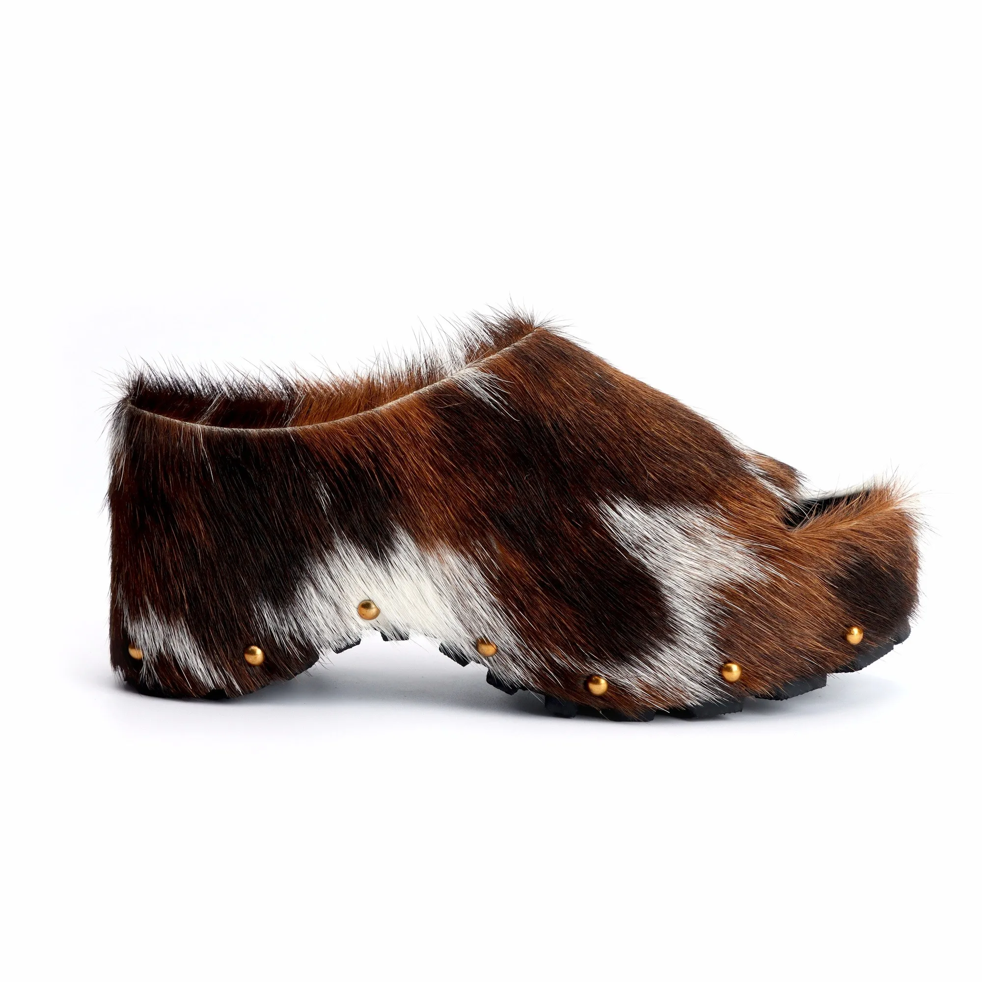 Handmade Women's Platform Fur Clogs, Arch Support Slip-On Mules with Natural Calf Hair,Studded Vintage Cowboy Style Slippers