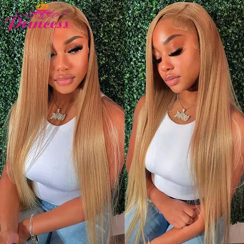 Princess #27 Honey Blonde Colored Human Hair Frontal Wigs Straight 13x4/13x6 HD Transparent Lace Front Human Hair Wigs For Women