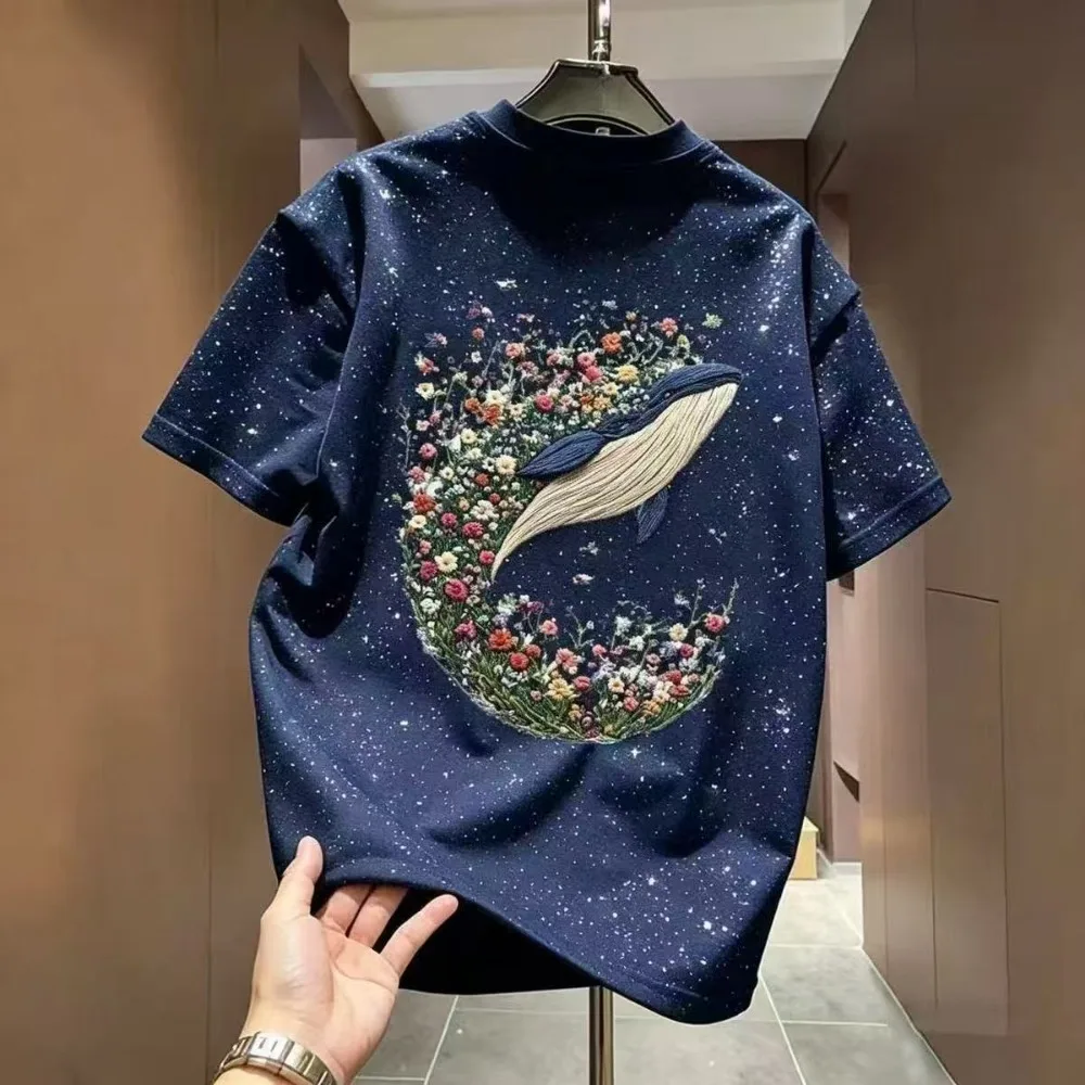 Men's Summer Loose Fit Casual Whale Flowers Print T-Shirt, Vintage Crewneck Undershirt Streetwear Short Sleeve Tee For Women