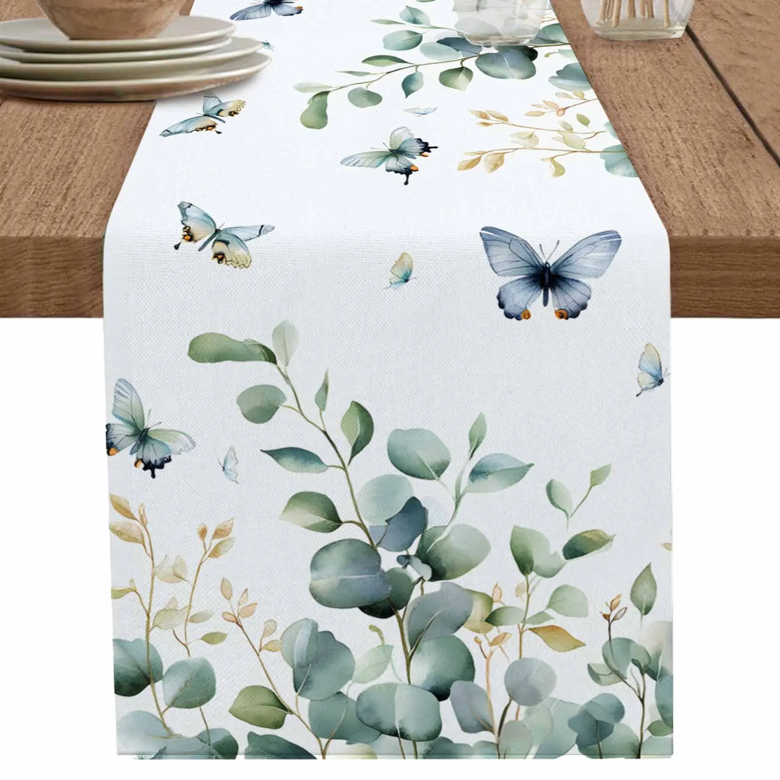 

Весенняя бабочка, листья эвкалипта, льняная хлопковая скатерть, украшение для дома, свадьбы, рождественской вечеринки