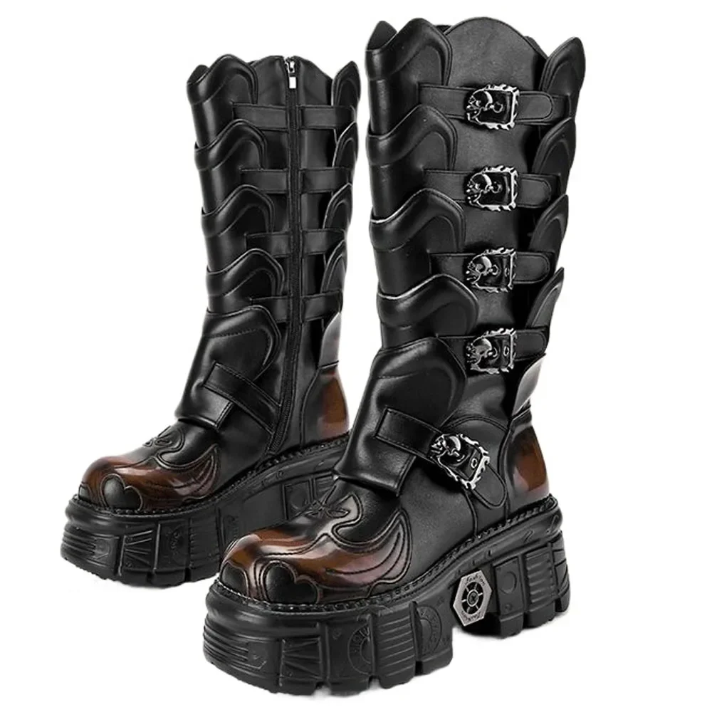 

Fashion Punk Genuine Leather Motorcycle Boots Street British Platform Heavy Metal Workwear Sexy Rock Mid-calf Boots Zip Flame