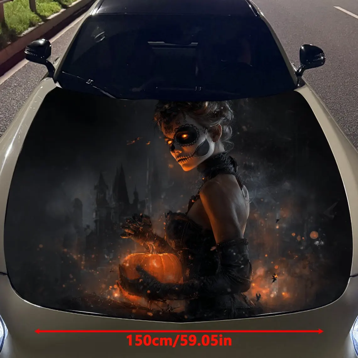 Woman with Halloween Makeup Holding Pumpkin Lantern Car Vinyl Wrap, PVC Material Waterproof Car Hood Sticker, Self-Adhesive Scra