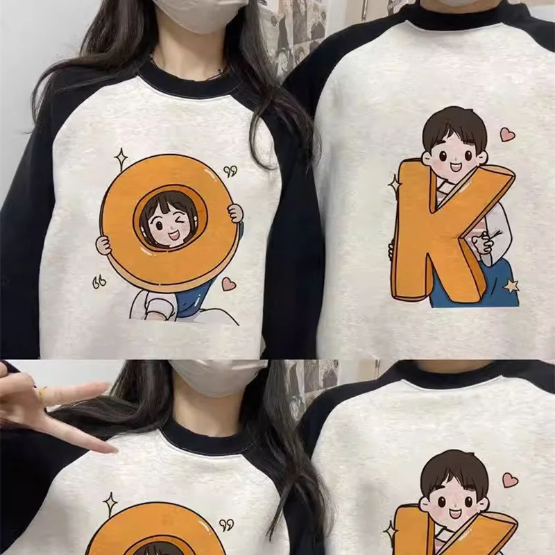 Lovely Chic Y2k Couple Sweatshirts Women Loose Cartoon Design Ulzzang Vintage Students Harajuku Panelled  O-neck Personality