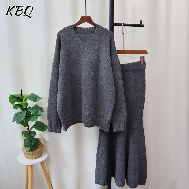 

KBQ Solid Knitting Two Piece Sets For Women V Neck Long Sleeve Loose Sweater High Waist Slimming Skirt Casual Set Female Fashion