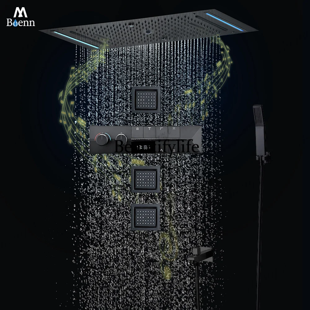 Boenn Bathroom High-Quality Matte Black Showers System Set Smart LED Lighting Spa Showerhead Lavish Rainfall Shower Experience