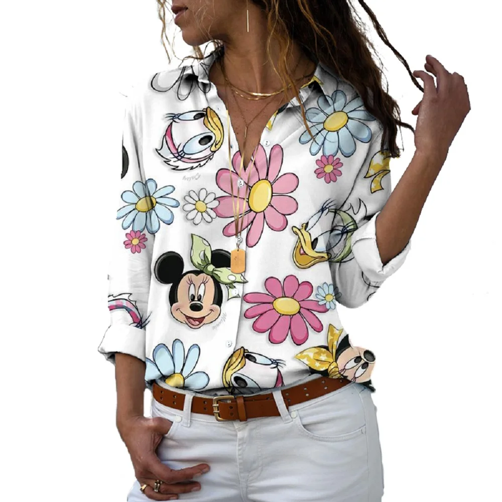 Women's Street Style Autumn Harajuku Long Sleeve Shirt Mickey Minnie Cartoon 3D Printing Ladies Lapel Single Breasted Shirt y2k