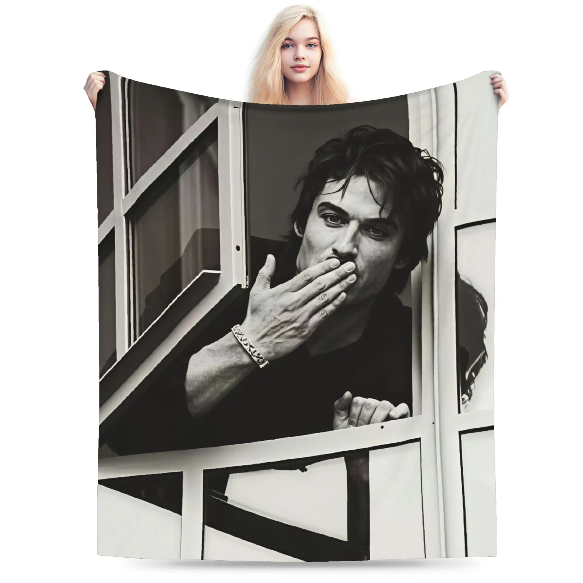 VIKAMA Vampire Diaries Damon Portrait Throw Blanket Warm Soft Novelty Blankets  For Outdoor Travel Flannel Bedspread Bed Cover
