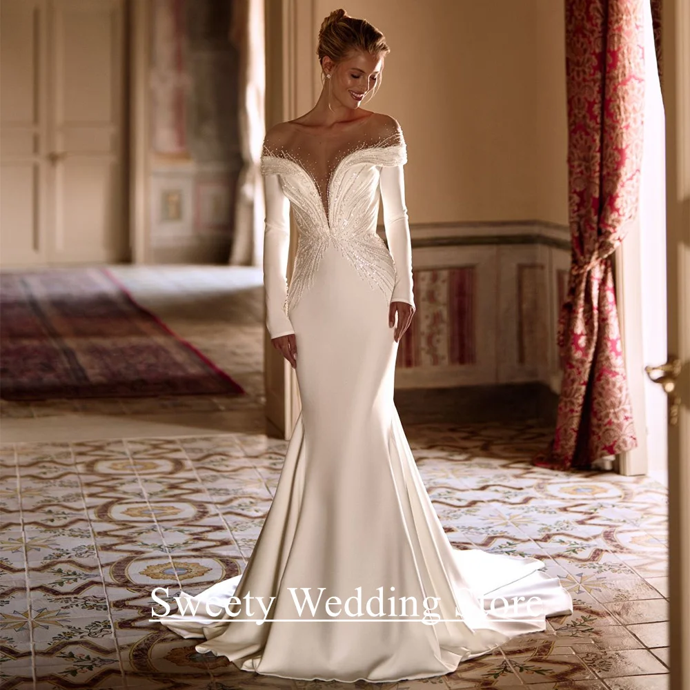 웨딩 드레스 인어 맞춤형 V 넥 긴 소매 구슬 장식 스팽글 스윕 트레인 환상 뒤로 버튼 신부 가운