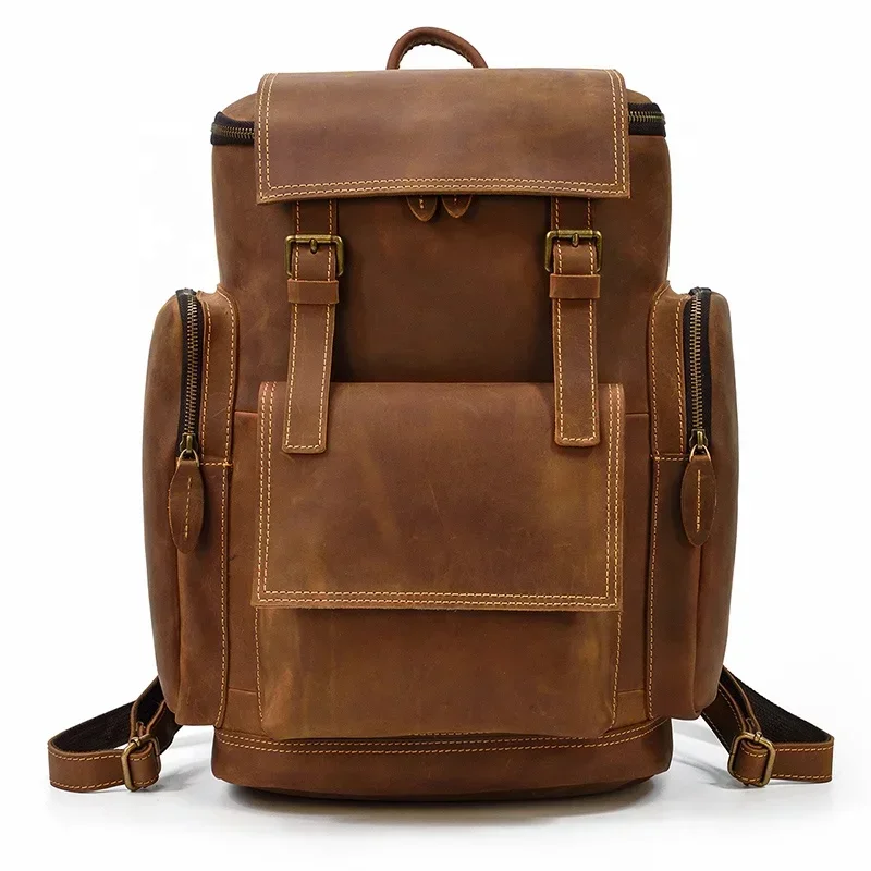 

16.5 Inch Big Capacity Hiking Bag Vintage Men Brown Crazy Horse Leather Travel Backpack For Outdoor