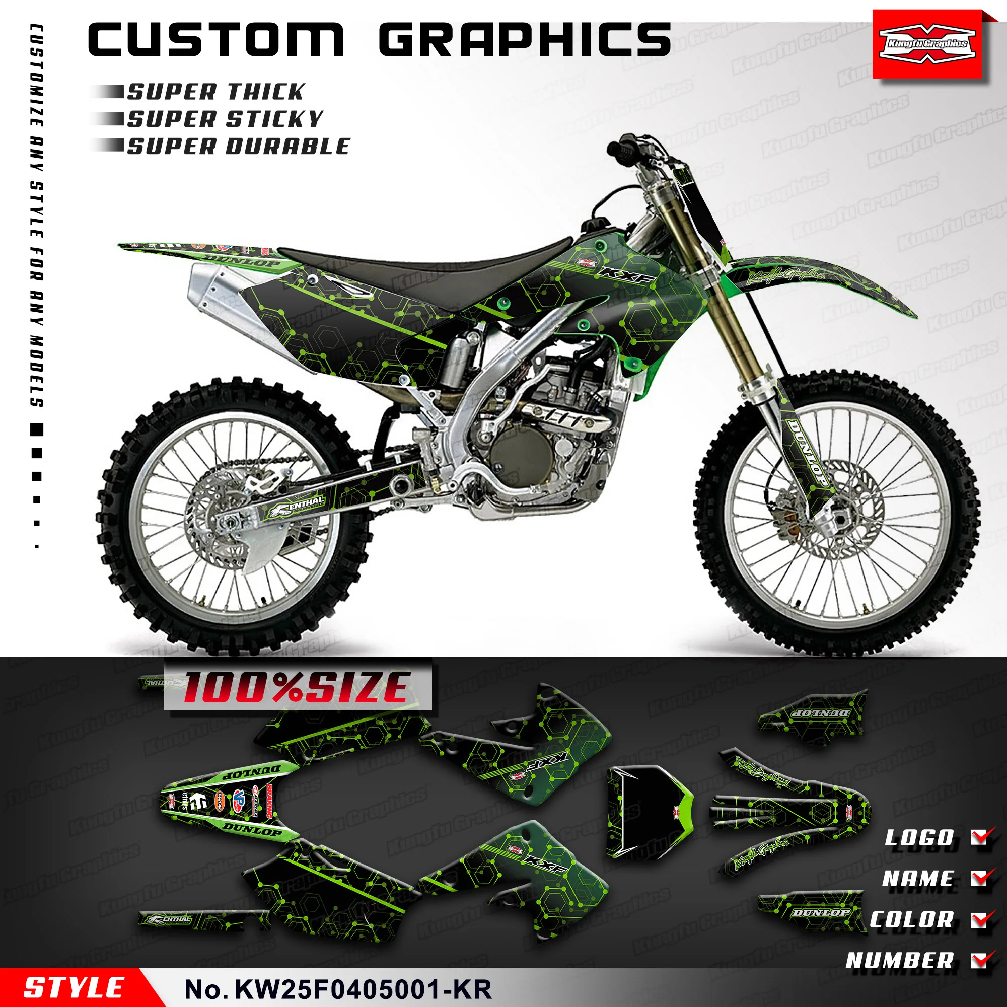 

KUNGFU GRAPHICS Dirt Bike Sticker Vehicle Wraps Decal Kit for Kawasaki KX250F KXF250 2004 2005, KW25F0405001-KR