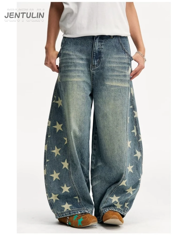 Vintage Women Washed Barrel Baggy Jeans Y2K Star Graphic Print Curved Wide Leg Baggy Denim Pants Streetwear Loose Trousers
