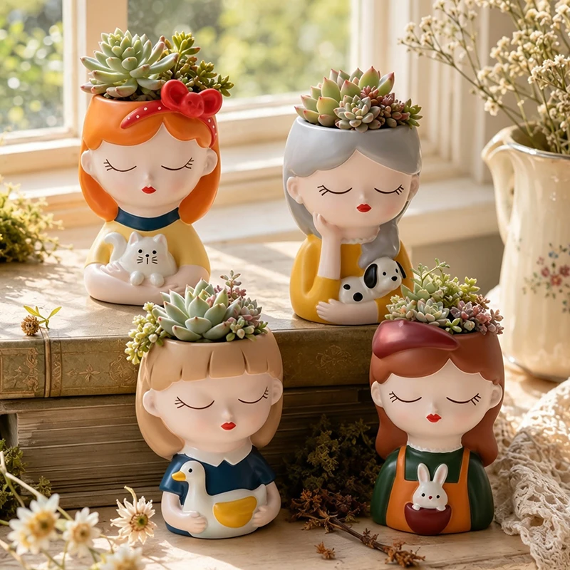 New Cartoon Girl Resin Succulent Planter Pot Cute Small Flower Container Desktop Balcony Garden Decor Ornament Plant Lover Gift