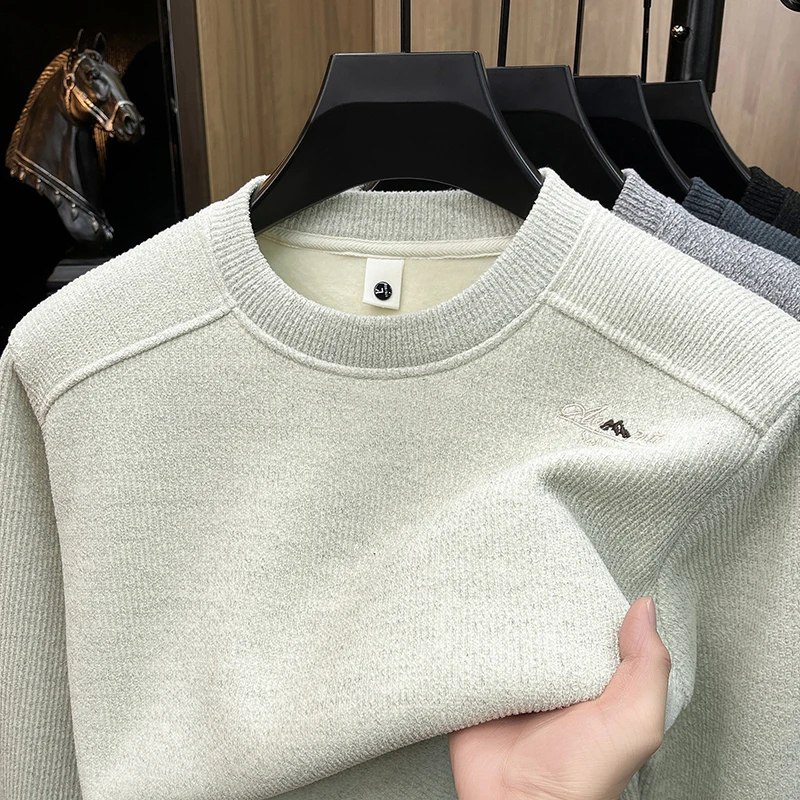 High End Embroidered Sweatshirt for Men, 2026 New Model, Winter Solid Color Round Neck Youth Men's Top with Added Fleece
