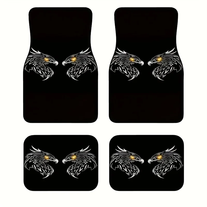 4pcs Cool Yellow-Eyed Eagle Car Floor Mats | Dual Eagle Head Design, Universal Fit For Cars, Trucks, And SUVs - Perfect Gift For