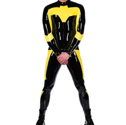 

Latex Rubber Gummmi Black and yellow patchwork Jumpsuit role play party hand customized 0.4mm XS-XXL