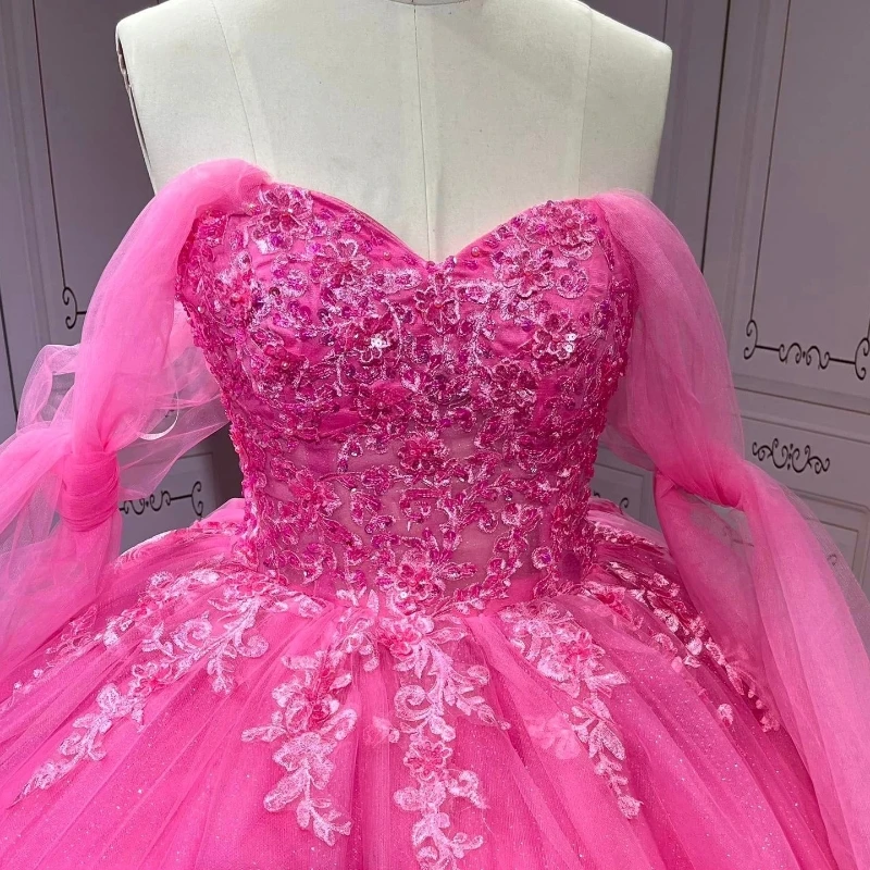 Vestidos de quinceañera de princesa roja rosa brillante con hombros descubiertos, apliques de cuentas de encaje, vestidos de fiesta de cumpleaños de tul de 15 anos dulces