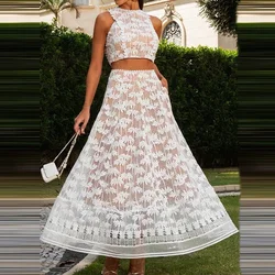 Women 2025 Solid Embroidery Two Piece Dresses Suit Lace Vacation Outfit Summer Fashion O-Neck Sleeveless Tops&Long Skirts Set