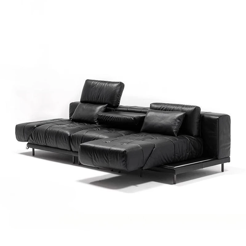 Leather sofa, multi-functional living room small apartment, straight row black first-layer cowhide sofa