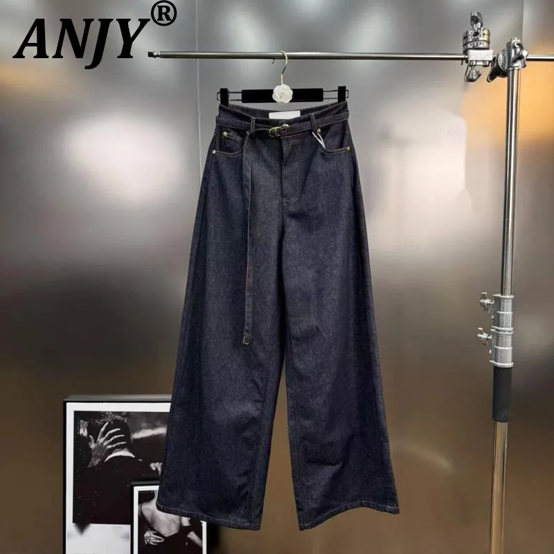 

ANJY 2025 Autumn New Women Tide Punk Fashion Design High Sense Niche Personality Denim Shirts Belt Vintage Dark Jeans Chic A7690