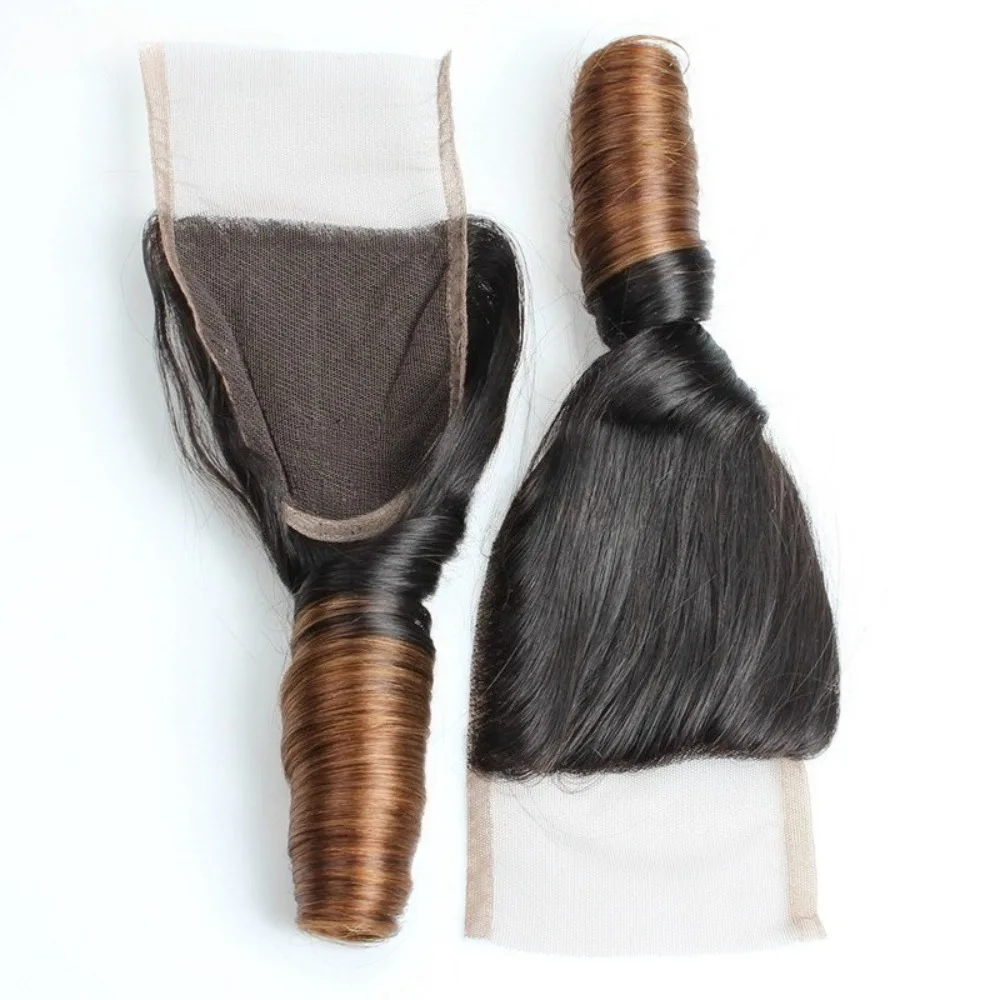 Blocco di capelli per persona reale 10A T1B/4 #   Chiusura di capelli umani reali al 100% di Remy vergine brasiliana con curvatura a molla a doppio colore