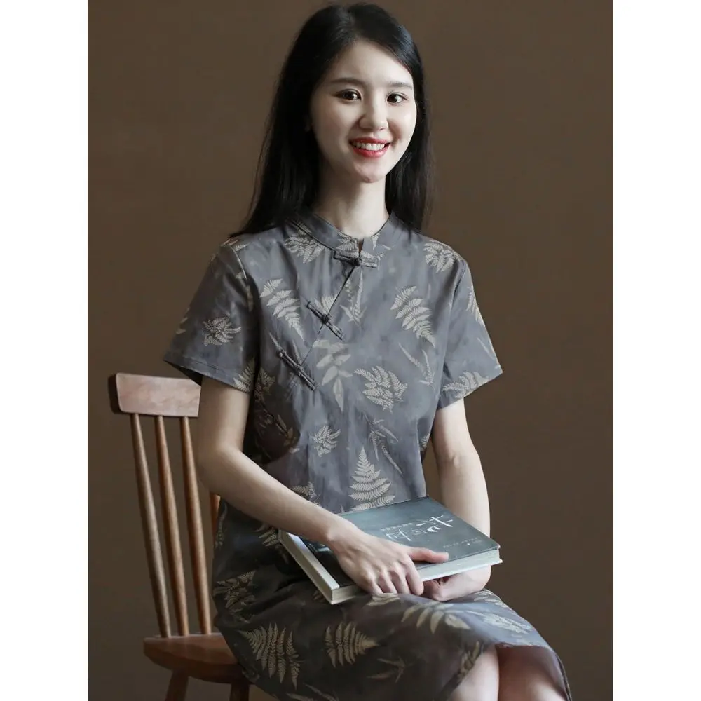 

2025 retro chinese-style printed improved printed stand collar short sleeve cheongsam dress new loose long qipao dress women