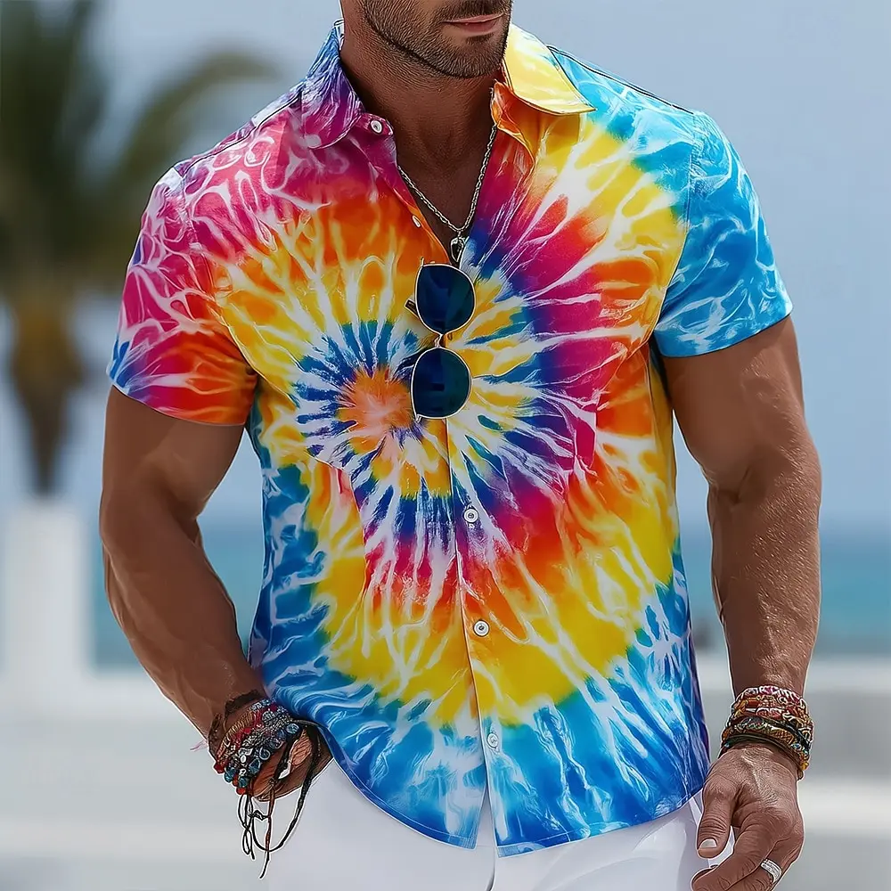 Men's Short Sleeve Button Up Shirt Hippie Gradient Tie Dye 3D Print Turndown Collar Blue Pink Purple for Spring Summer