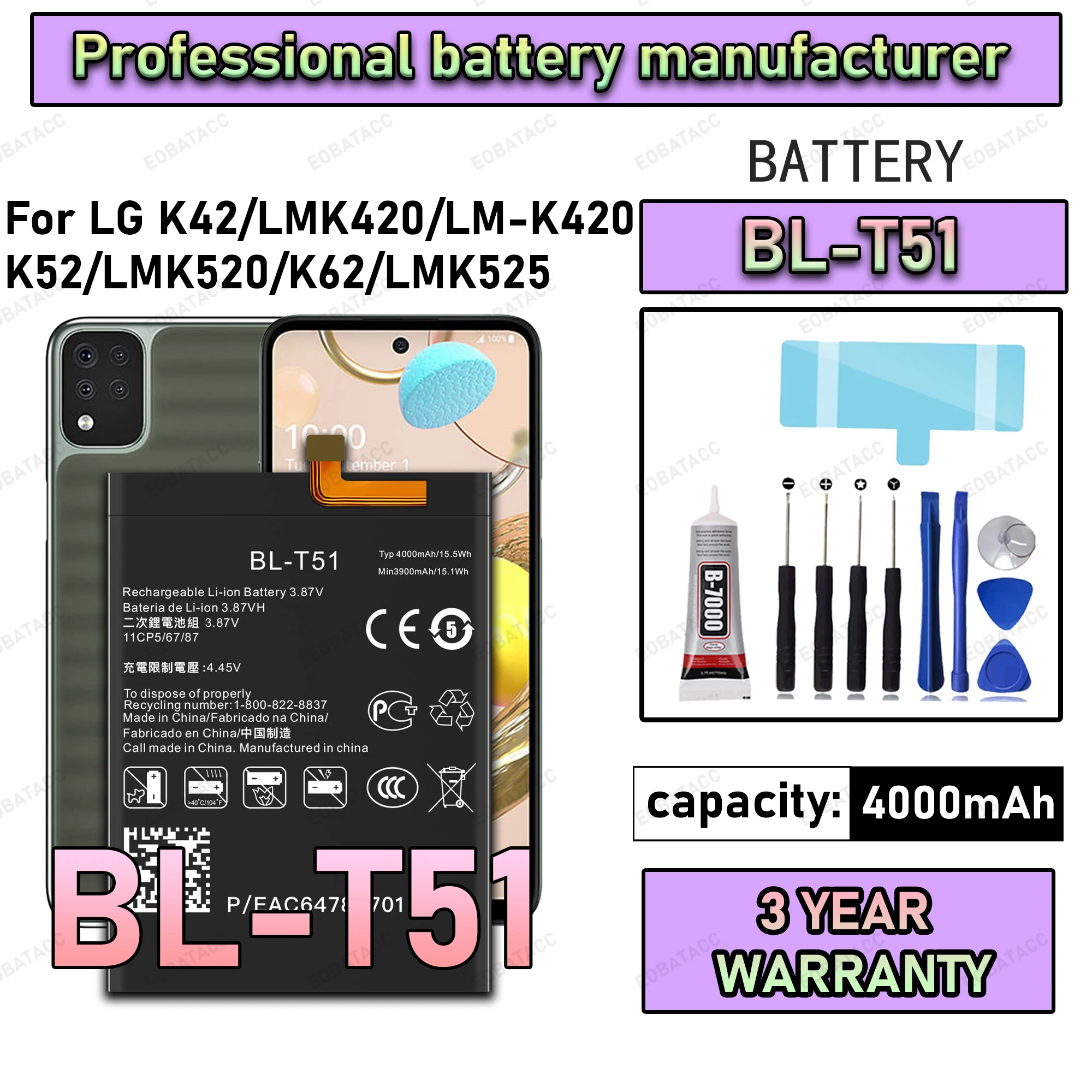 

100% New Zero Cycl e BL-T51 Battery For LG K42/LMK420/LM-K420/K52/LMK520/K62/LMK525 Replacement Bateria +Free Tools