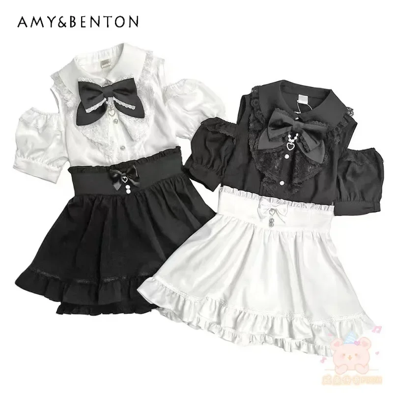 Japanese Sweet Bow Mini Skirt Mine Mass Production Cute High Waist Lolita Skirt Women Summer All Match Kawaii Flounce Skirts