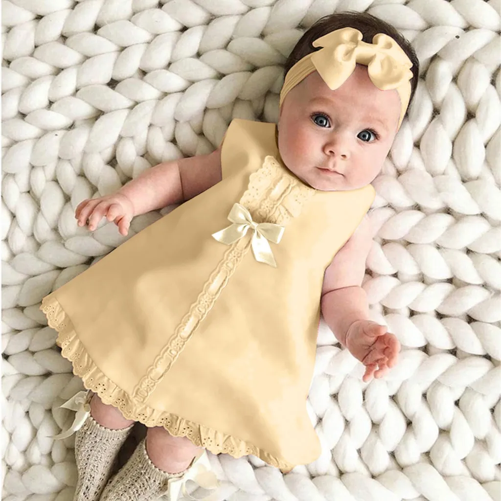 Newborn Girl Sleeveless Dress Casual Maxi Bow Dress+Headband Set Outfit Baby Princess Dress Summer Lace Clothing Girls vestido