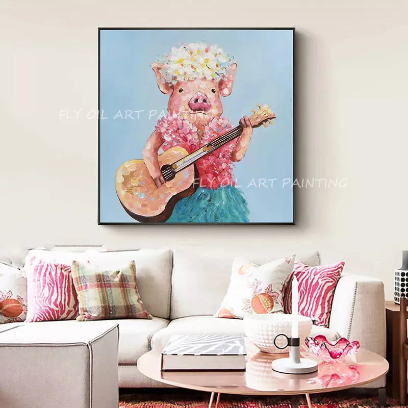 100% Handmade pink pig playing guitar cute animal with blue canavs large size square picture oil painting for kid's living room