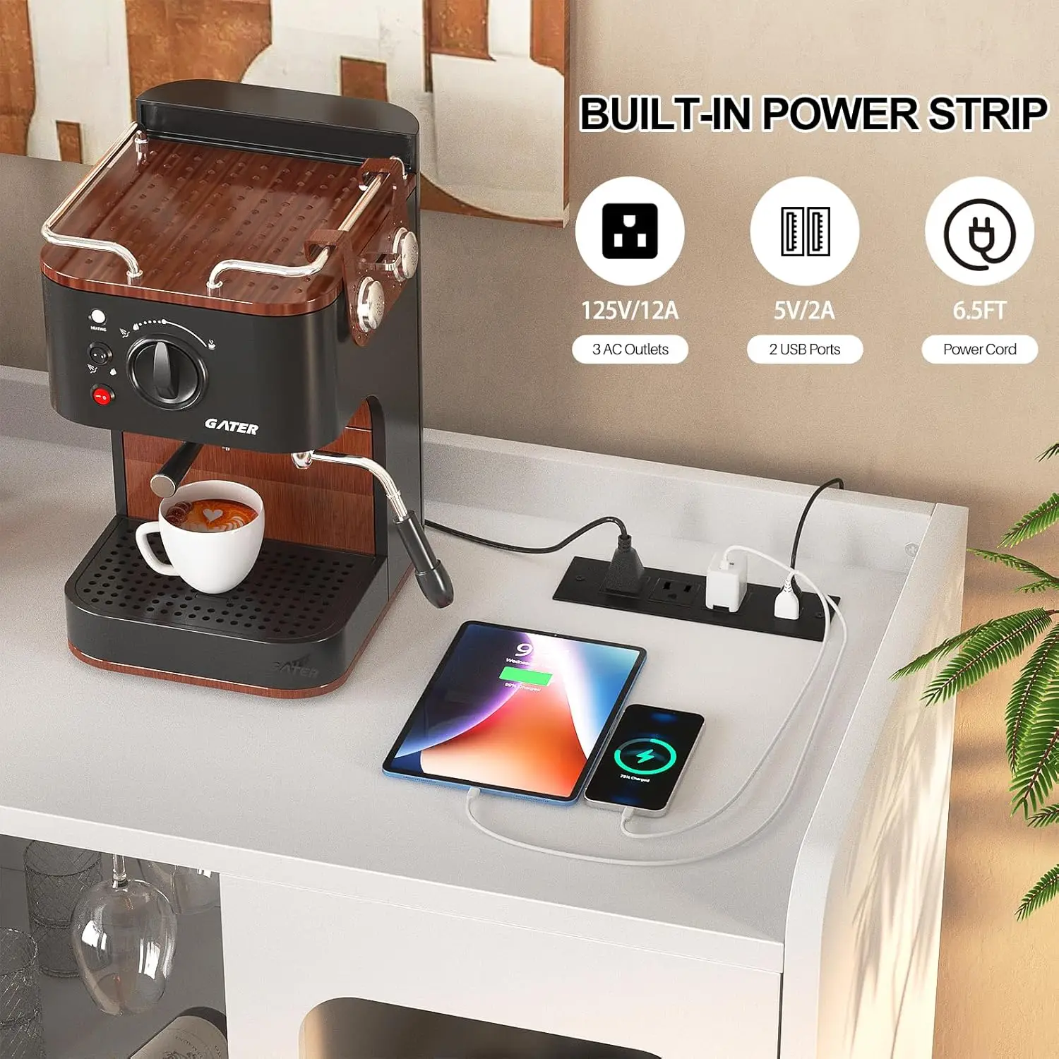 Mobile bar per vini con presa, luce LED e portabicchiere, credenza buffet da cucina bianca