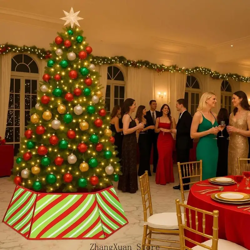 Polyester-Weihnachtsbaumrock-Basisabdeckung mit diagonalem Feiertagsmuster, sechsteilige Form für Heimbüro und Ladenauslage 3XUF – Detail 4