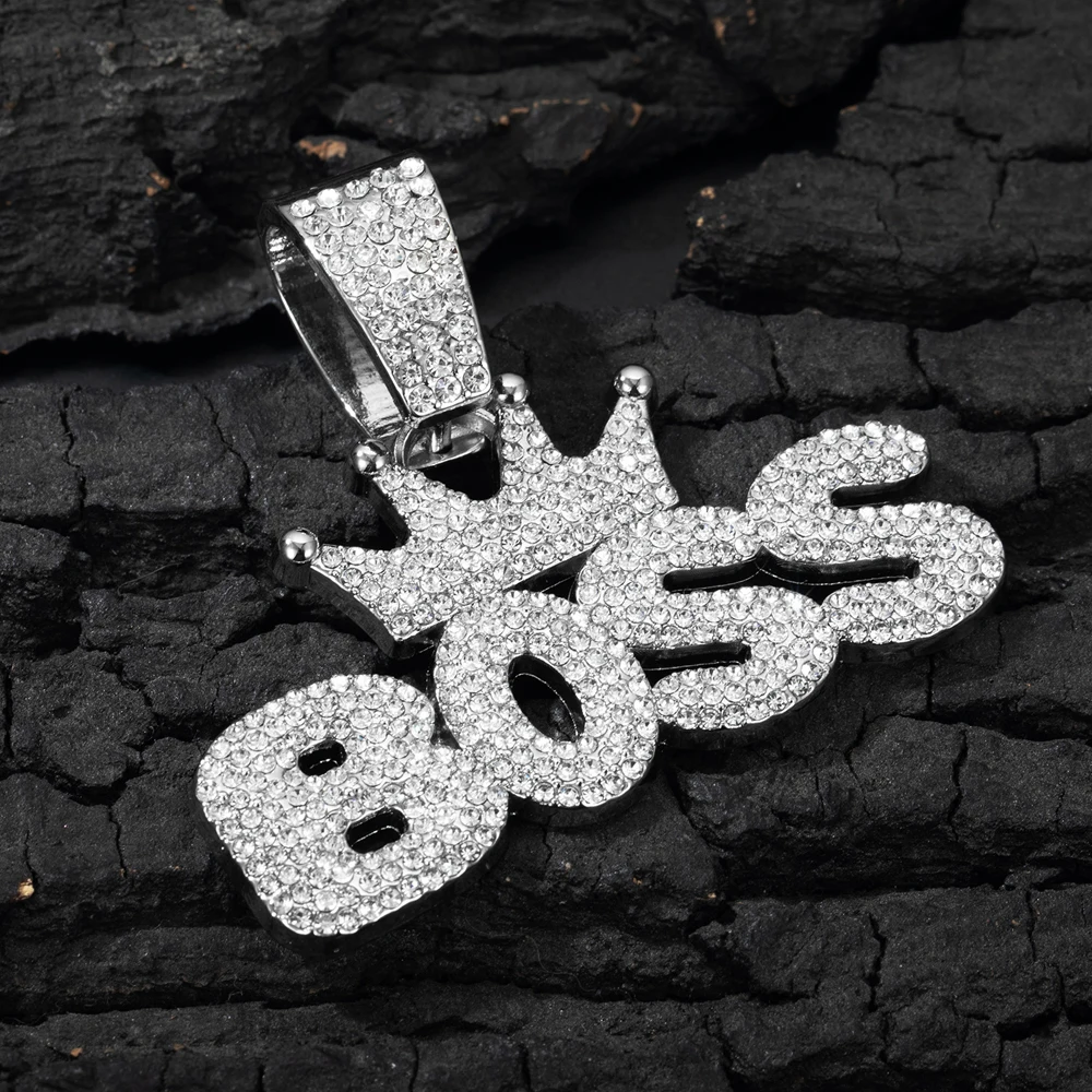 Men's Cool Hip-hop Rhinestone Letter BOSS Pendant Necklace, For Men Fashion Iced Out Bling Zircon Cuban Thick Chain Punk Jewelry