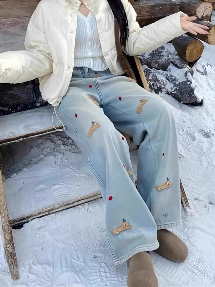 

Джинсы женские больших размеров на флисовой подкладке, осенне-зимние, свободные, с высокой талией, прямые, широкие штанины, облегающие