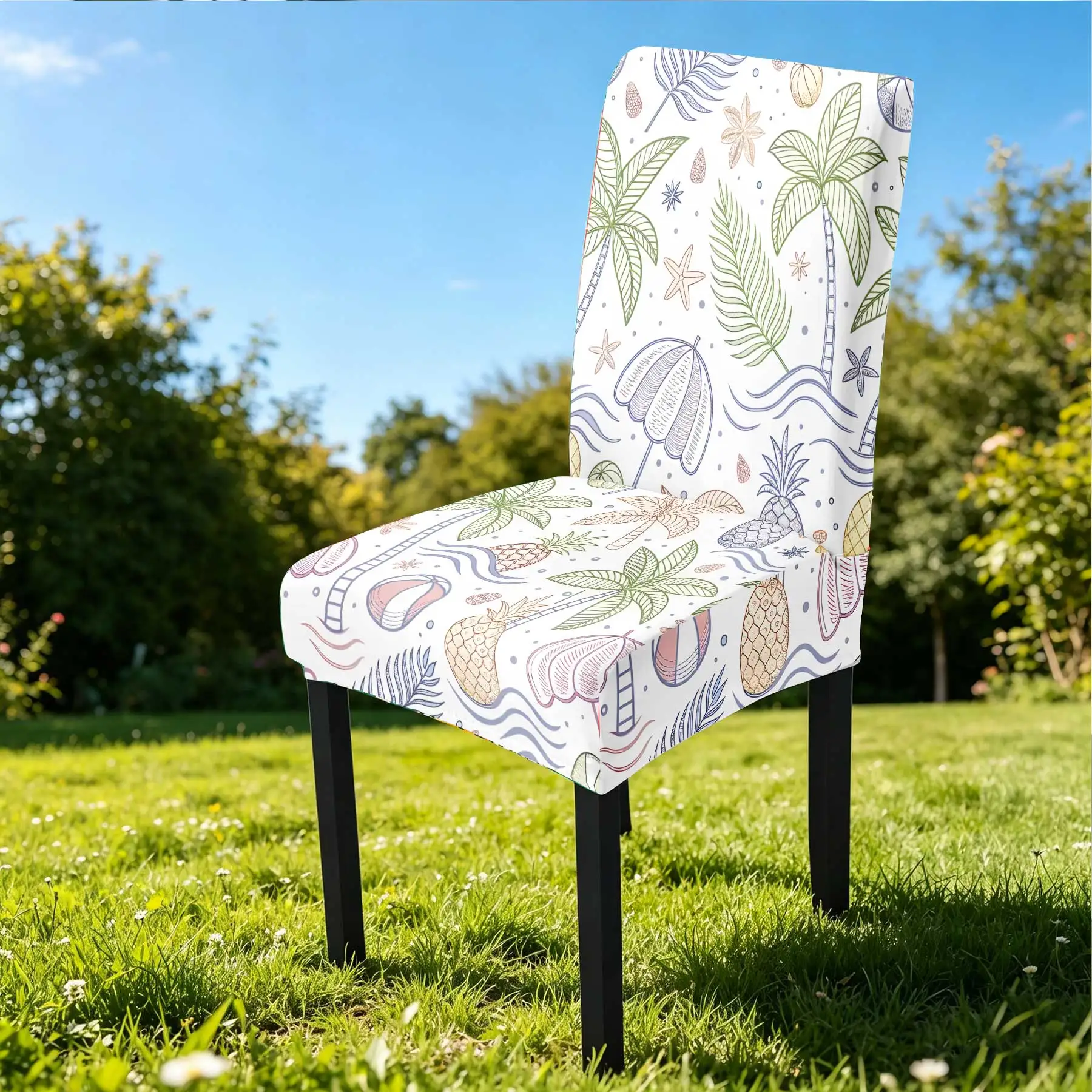 2024 Summer Outdoor Chair Cover, Tropical Palm Pineapple Seashell Print Elastic Stretch Slipcover, Washable Anti