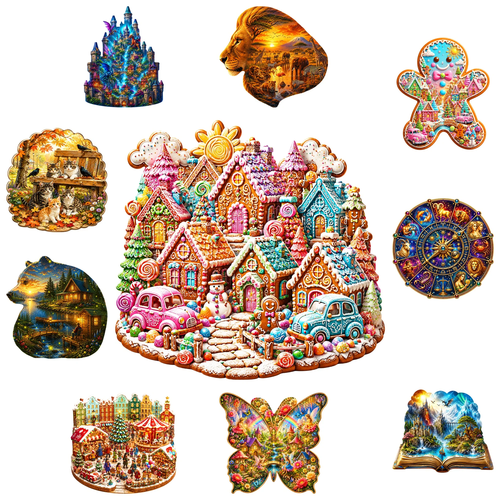 Gingerbread Village Flat Wooden Puzzle - Brain Teaser - Animal Jigsaw Puzzle - Tabletop Puzzle Game - Ideal Gift for Holidays