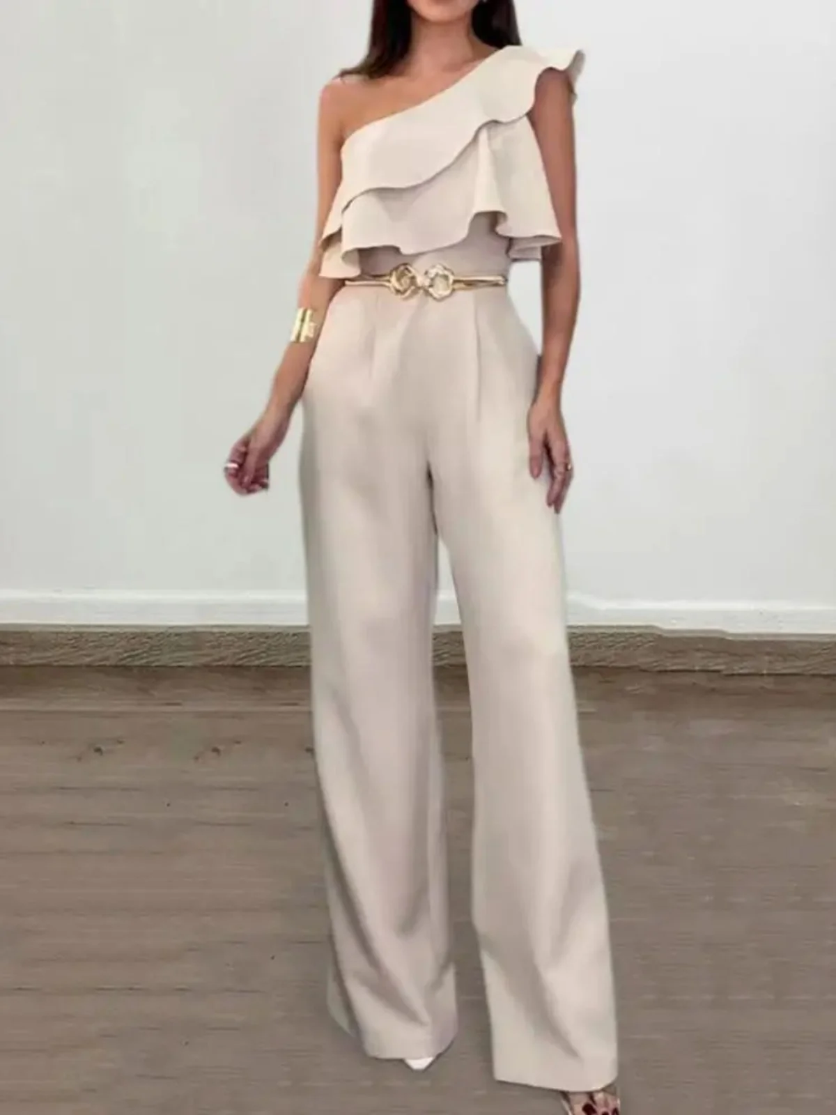 ارتفاع الخصر واحد oulder لوتس لو بذلة الشارع Sle عارضة السراويل عالية الخصر واسعة الساق دعوى ألياف البوليستر سستة...