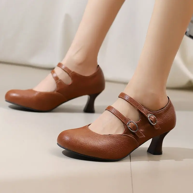 

SIMLOVEYO Women's Double Buckle Strap Pumps Round Toe 6cm Unique Heel Sweet Dating Style Big Sizes 48-50 Spring Collection