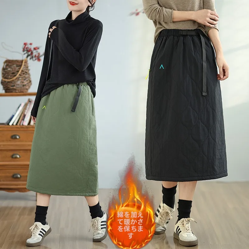 

Water-Resistant Warm Cotton High Waist Midi Skirt Women's Outdoor Faion Commute Sle A-Line Gown Straight Cut Long Skirt