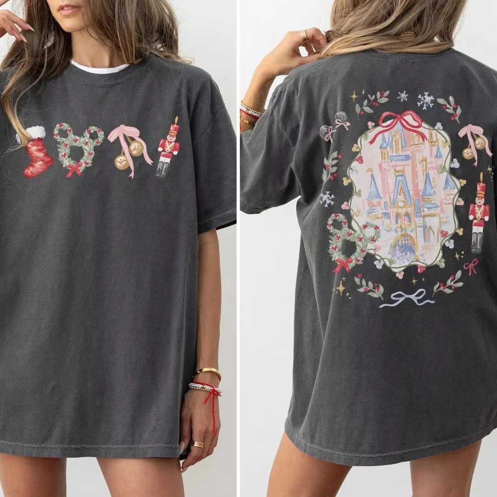 

Рождественская рубашка с бантом Disney Coquette, футболка с Микки Щелкунчиком и волшебным замком Disneyland, праздничный топ для путешествий, удобный женский хлопок